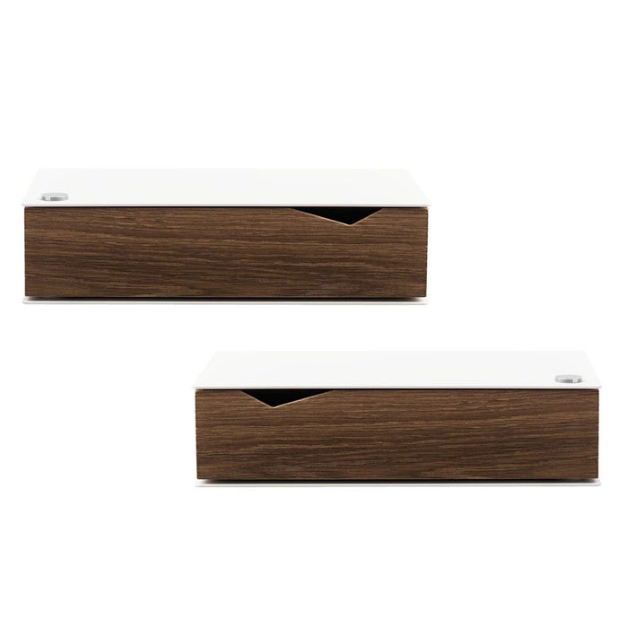 Wall-mounted bedside table: 2 pcs. - BESIDE - white with dark oak drawer