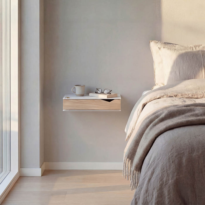 Wall-mounted bedside table: 2 pcs. - BESIDE - white with oak drawer