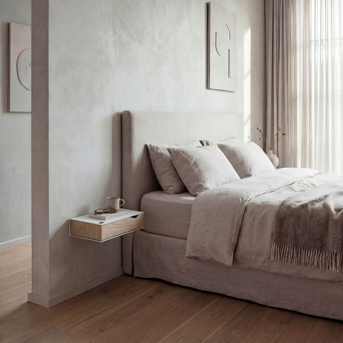 Wall-mounted bedside table: 2 pcs. - BESIDE - white with oak drawer