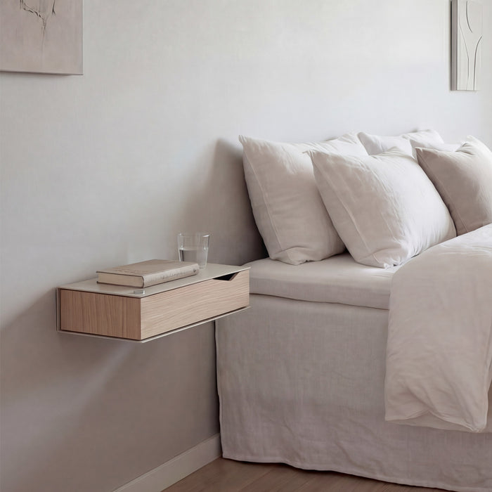 Wand-Nachttisch: 2 Stk. - BESIDE - grau mit Schublade aus Eichenholz