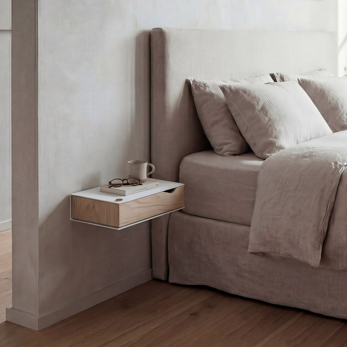 Wand-Nachttisch: 2 Stk. - BESIDE - weiß mit Schublade aus Eichenholz