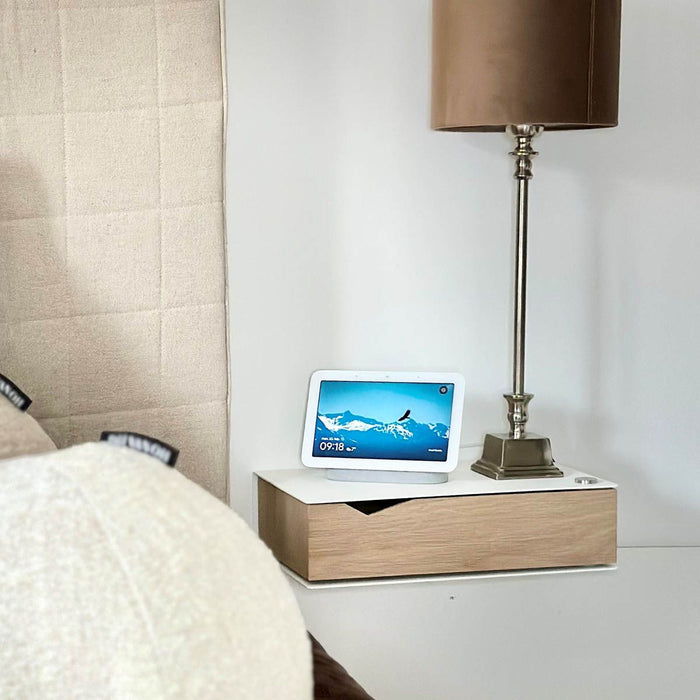 Wand-Nachttisch: 2 Stk. - BESIDE - weiß mit Schublade aus Eichenholz